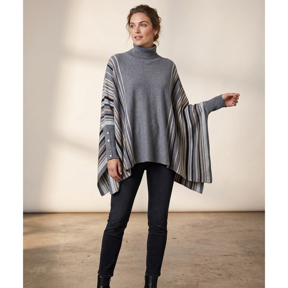 Joseph A. Grey Striped Turtleneck Poncho Sweater Large Cabincore Cozy Boho Fall